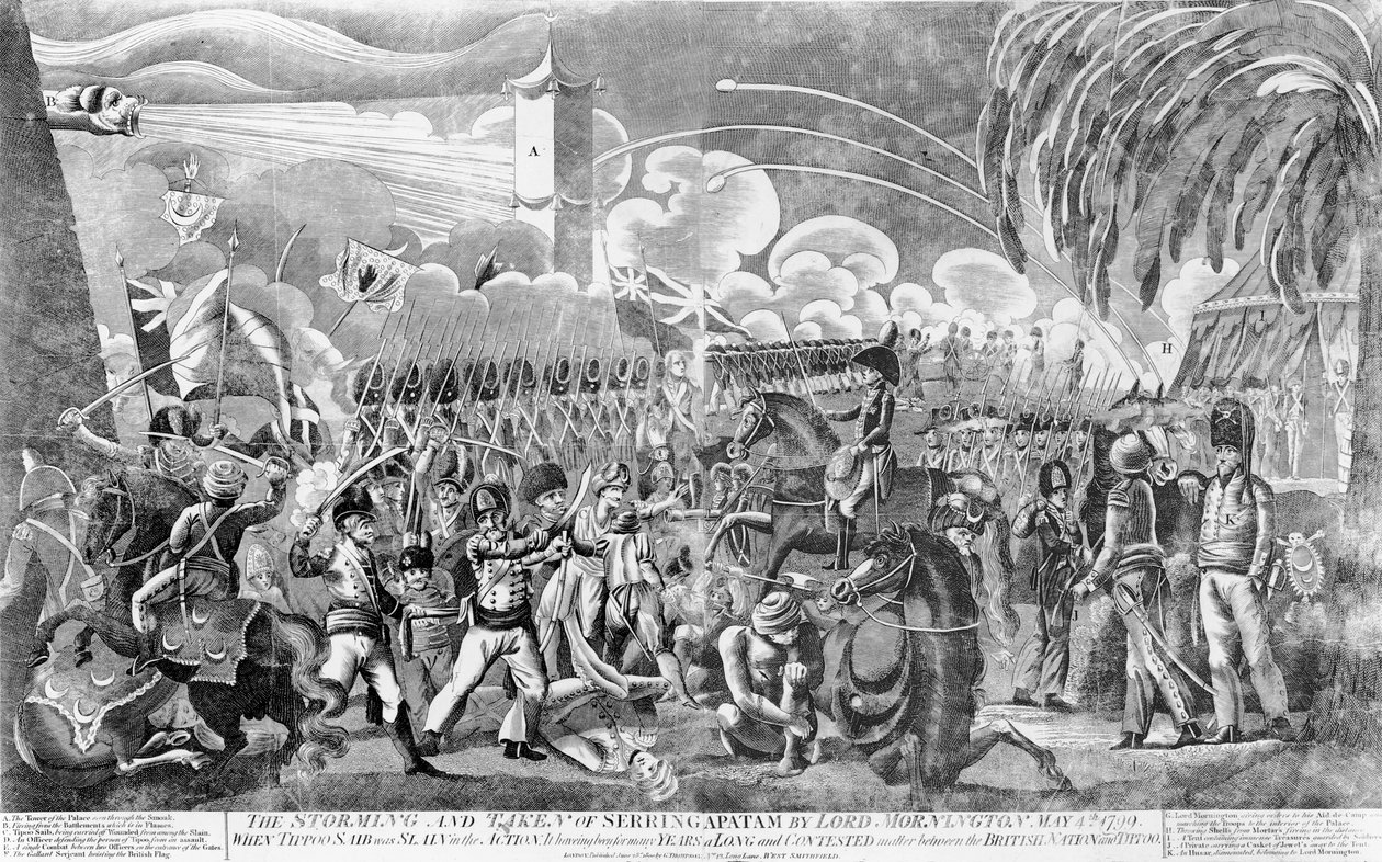 Der Sturm und die Eroberung von Seringapatam durch Lord Mornington, 4. Mai 1799, veröffentlicht von G. Thompson, 1800 von English School