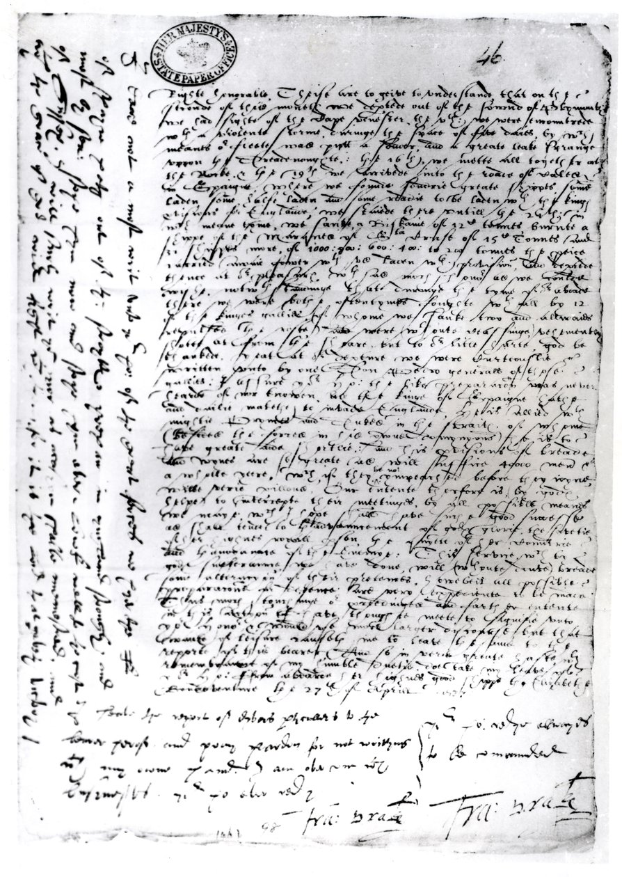 Die schriftlichen Depeschen von Sir Francis Drake (ca. 1540-96) aus Cadiz, 1587 von English School