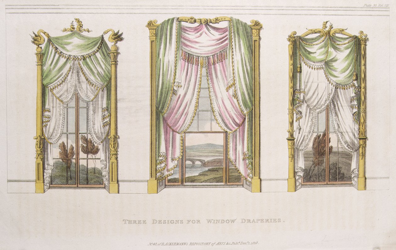 Drei Entwürfe für Fensterdraperien, Tafel 107 aus Ackermanns Repository of Arts, veröffentlicht 1819 von English School