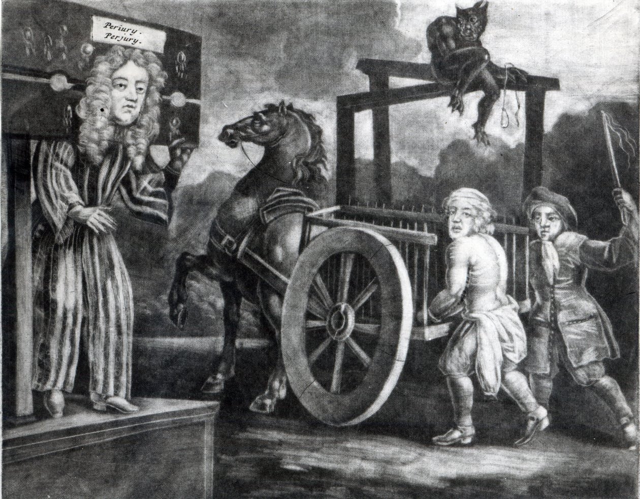 Titus Oates am dritten Tag seiner Bestrafung, als er ausgezogen, an einen Wagen gebunden und von Aldgate nach Newgate ausgepeitscht wurde von English School