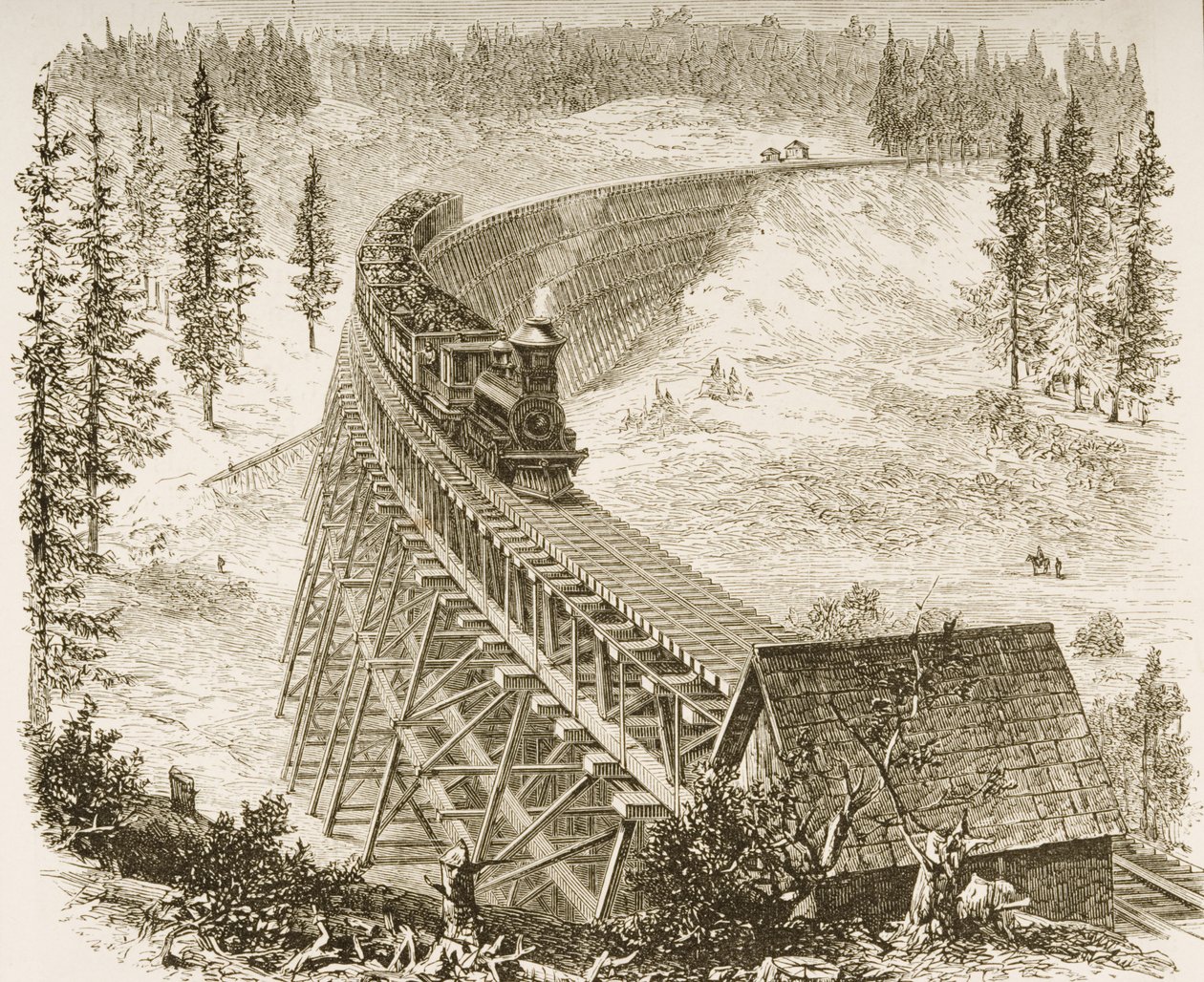 Trestle-Brücke der Pacific Railway, Sierra Nevada, ca. 1870, aus 