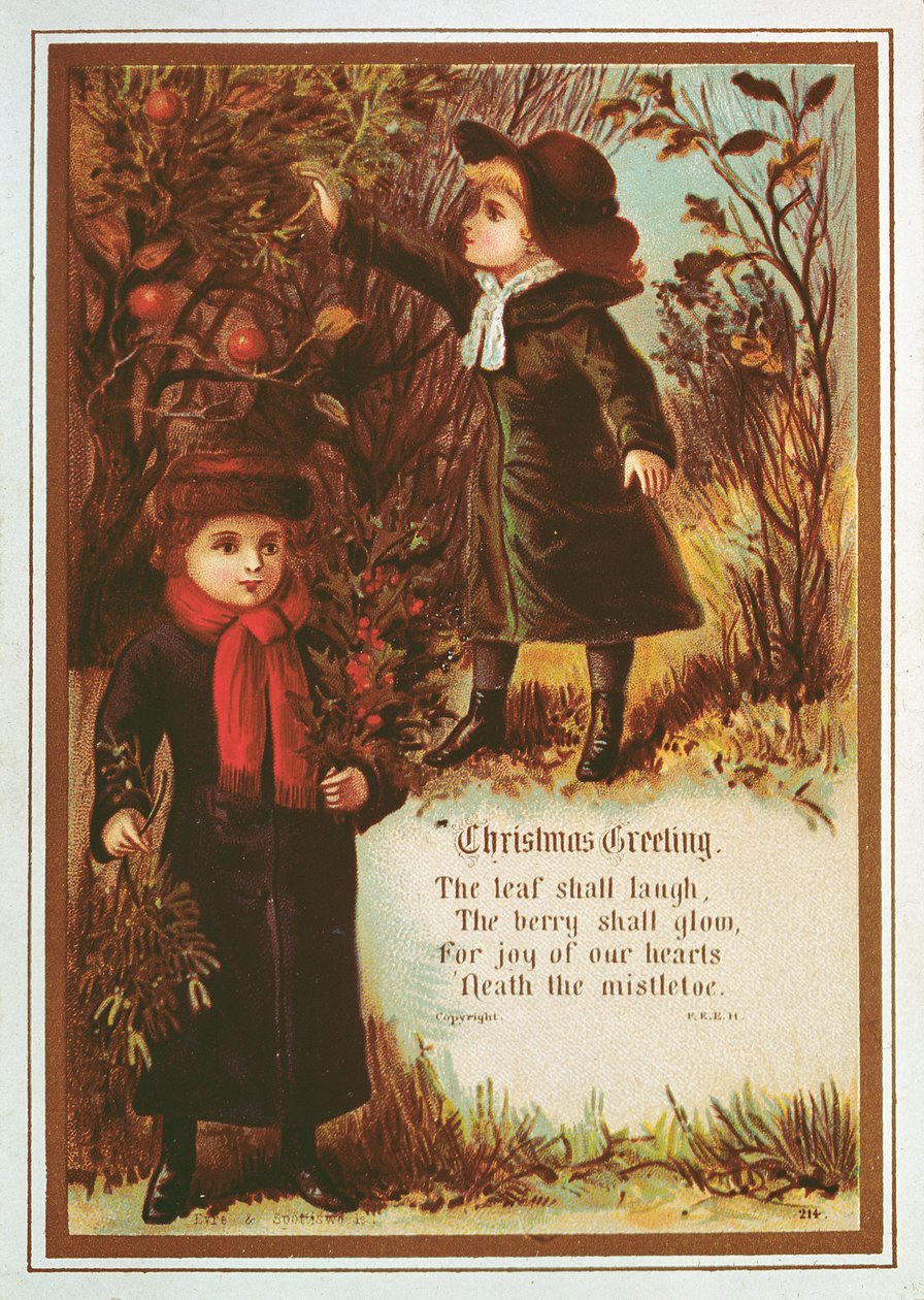Zwei viktorianische Kinder sammeln Herbstbeeren und Mistelzweige von English School