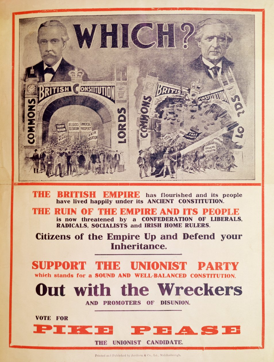 Plakat der Unionistenpartei für die britische Parlamentswahl im Januar 1910 von English School