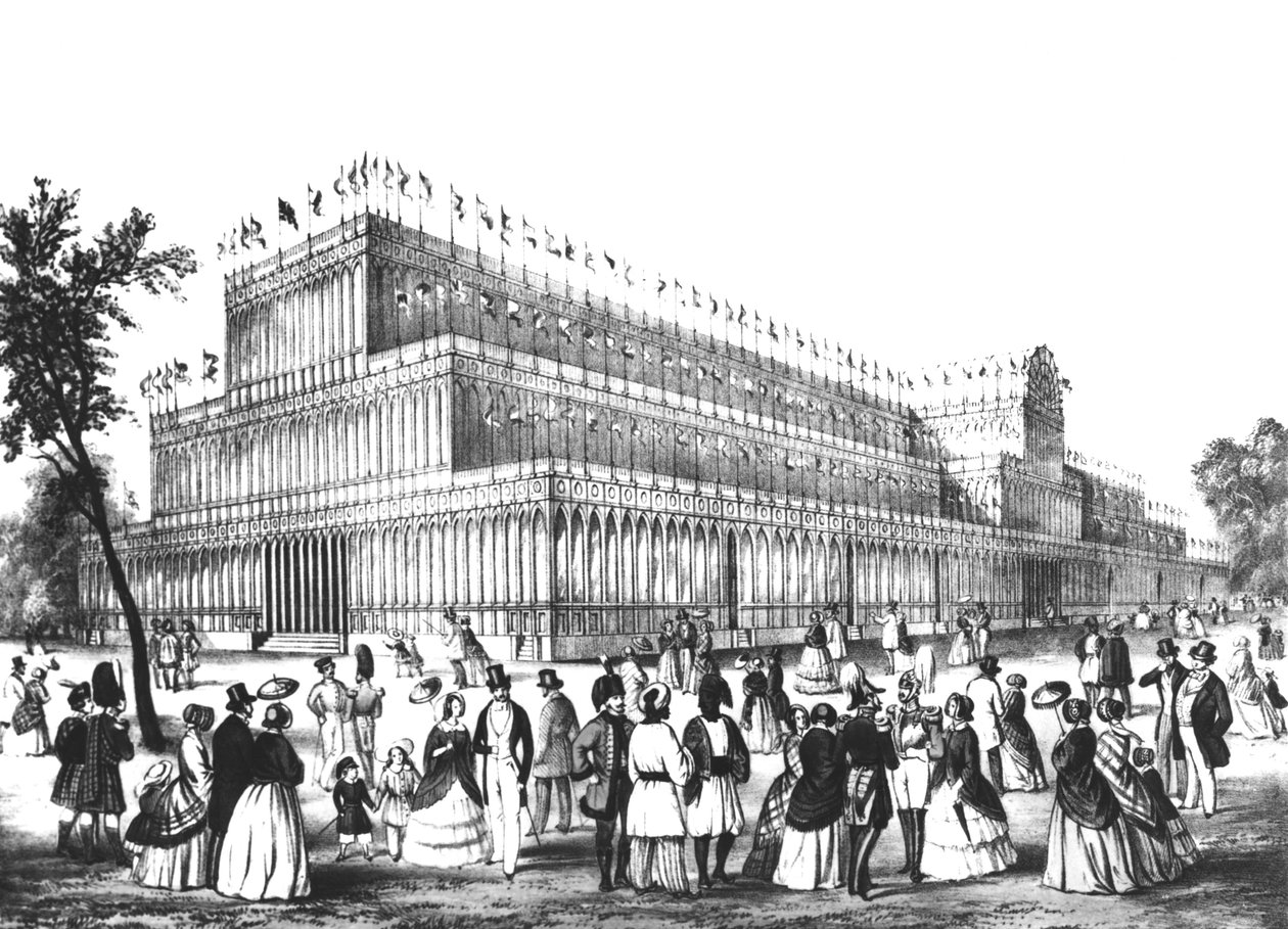 Ansicht des Äußeren des Kristallpalastes, gebaut für die Große Ausstellung von 1851 von English School