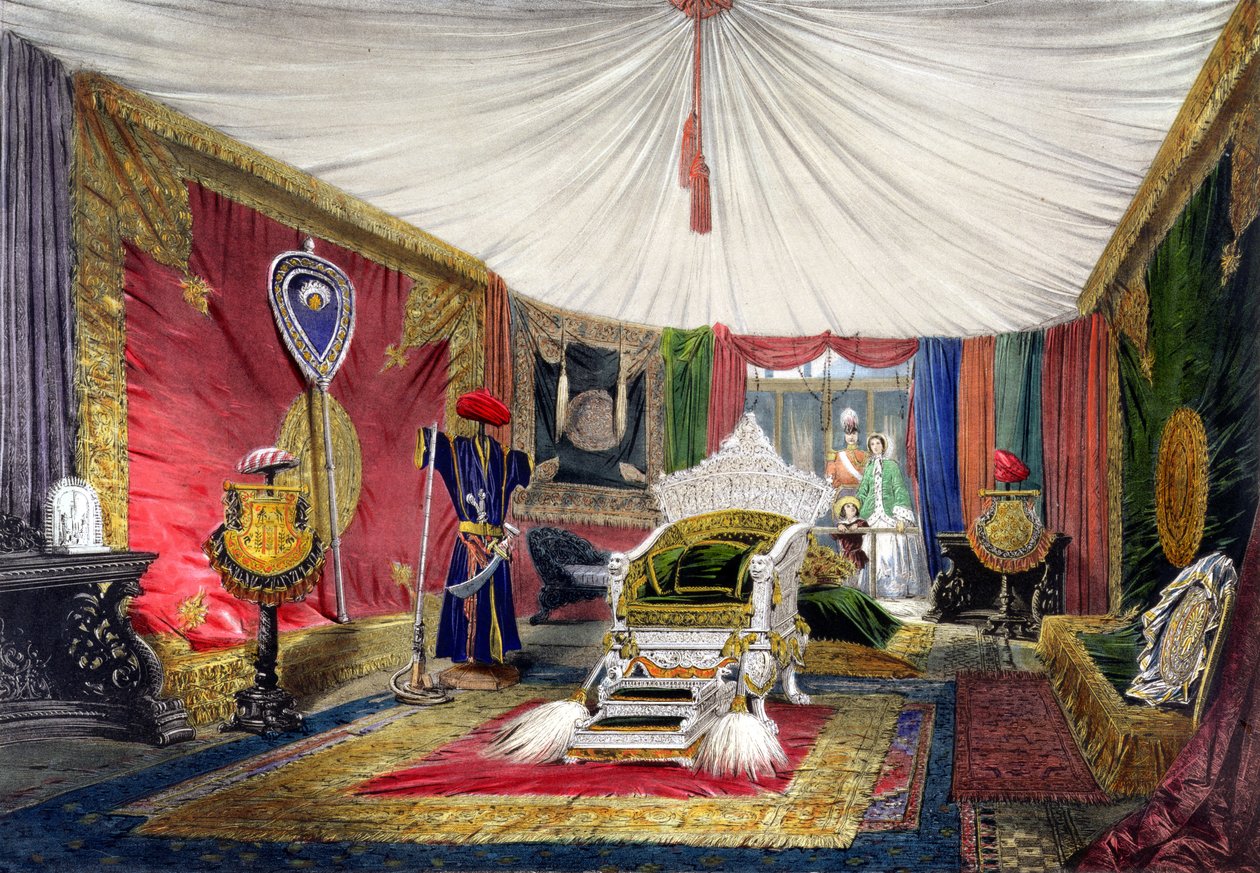 Ansicht des Zeltzimmers und des elfenbeinernen Throns, im Indien-Bereich der Großen Ausstellung von 1851, aus Dickinsons Comprehensive Pictures von English School