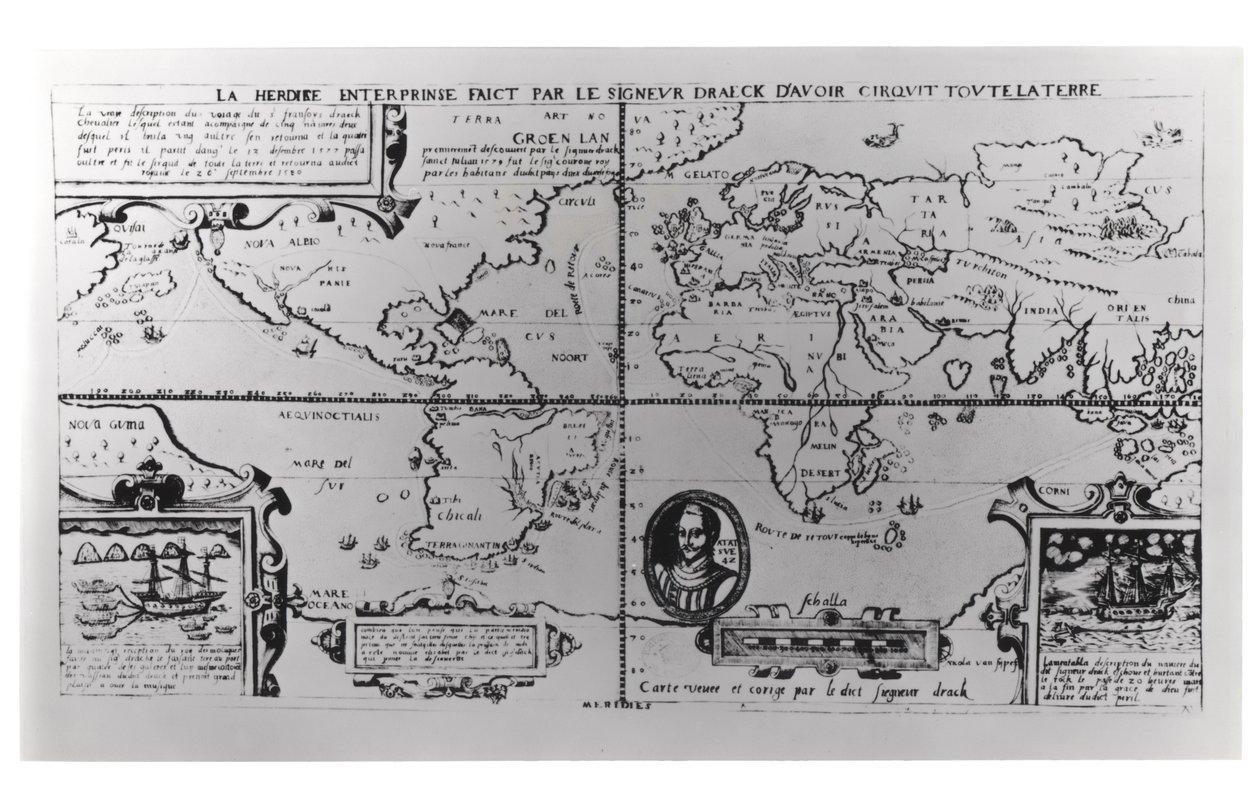 Weltkarte mit den Expeditionen und der globalen Umrundung von Sir Francis Drake (ca. 1540-96) 1577-1580 von English School