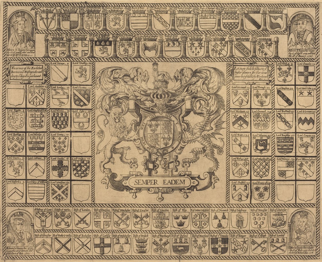 Wappen mit Eckporträts von Heinrich VII, Heinrich VIII, Edward VI und Maria von English 16th Century
