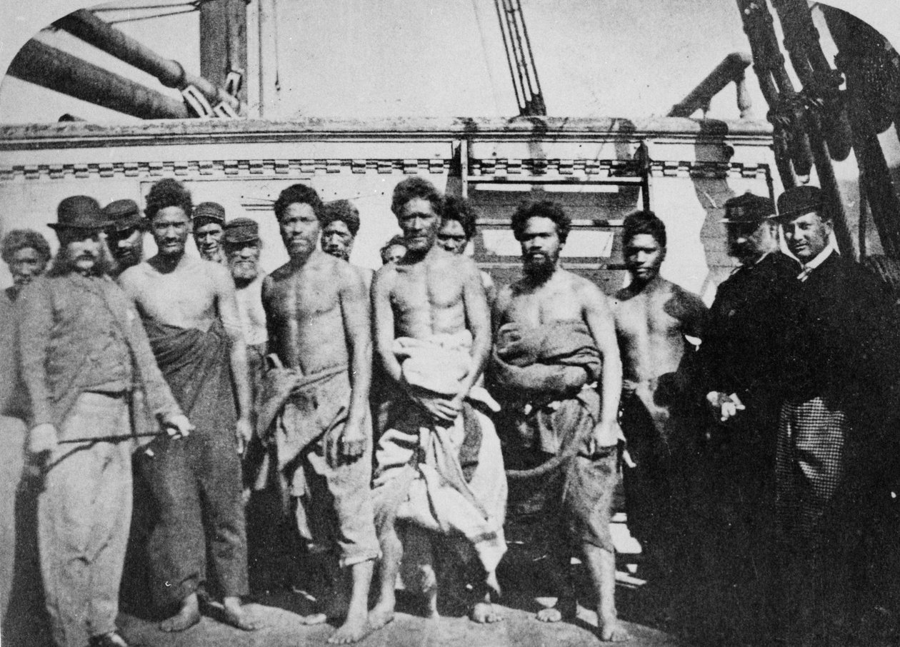 Maori-Gefangene an Bord eines Gefängnisschiffs im Wellington Harbour, 1866 von English Photographer