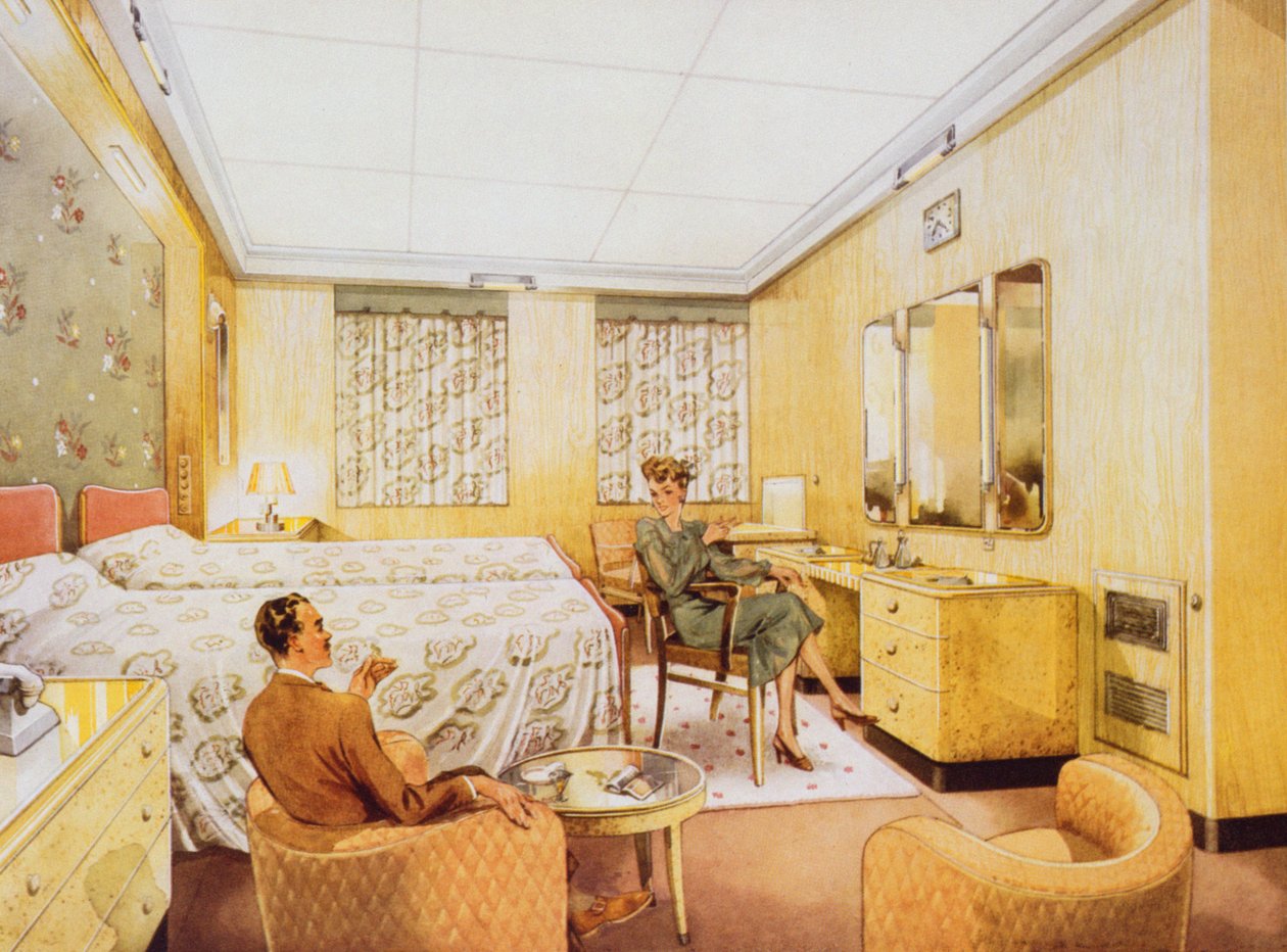 Ein Schlafzimmer an Bord der RMS Caronia, ca. 1950 von English School