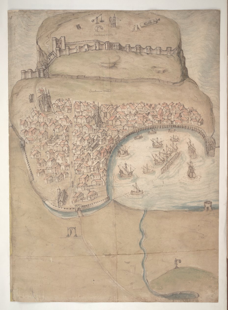 Ein farbiger Plan oder Vogelperspektive von Scarborough Town und Castle von English School