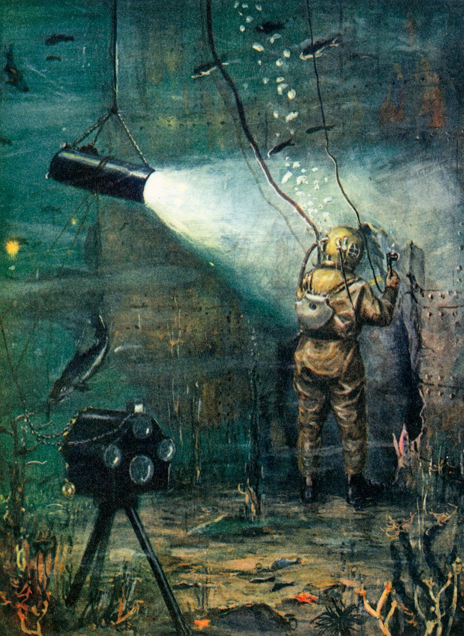 Ein Taucher bei der Arbeit an einem Wrack von English School