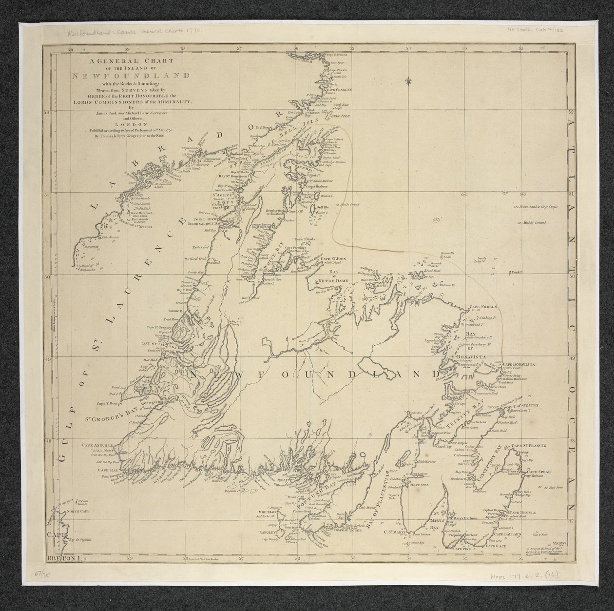 Allgemeine Karte der Insel Neufundland mit den Felsen und Tiefen, gezeichnet nach Vermessungen von James Cook und Michael Lane von English School