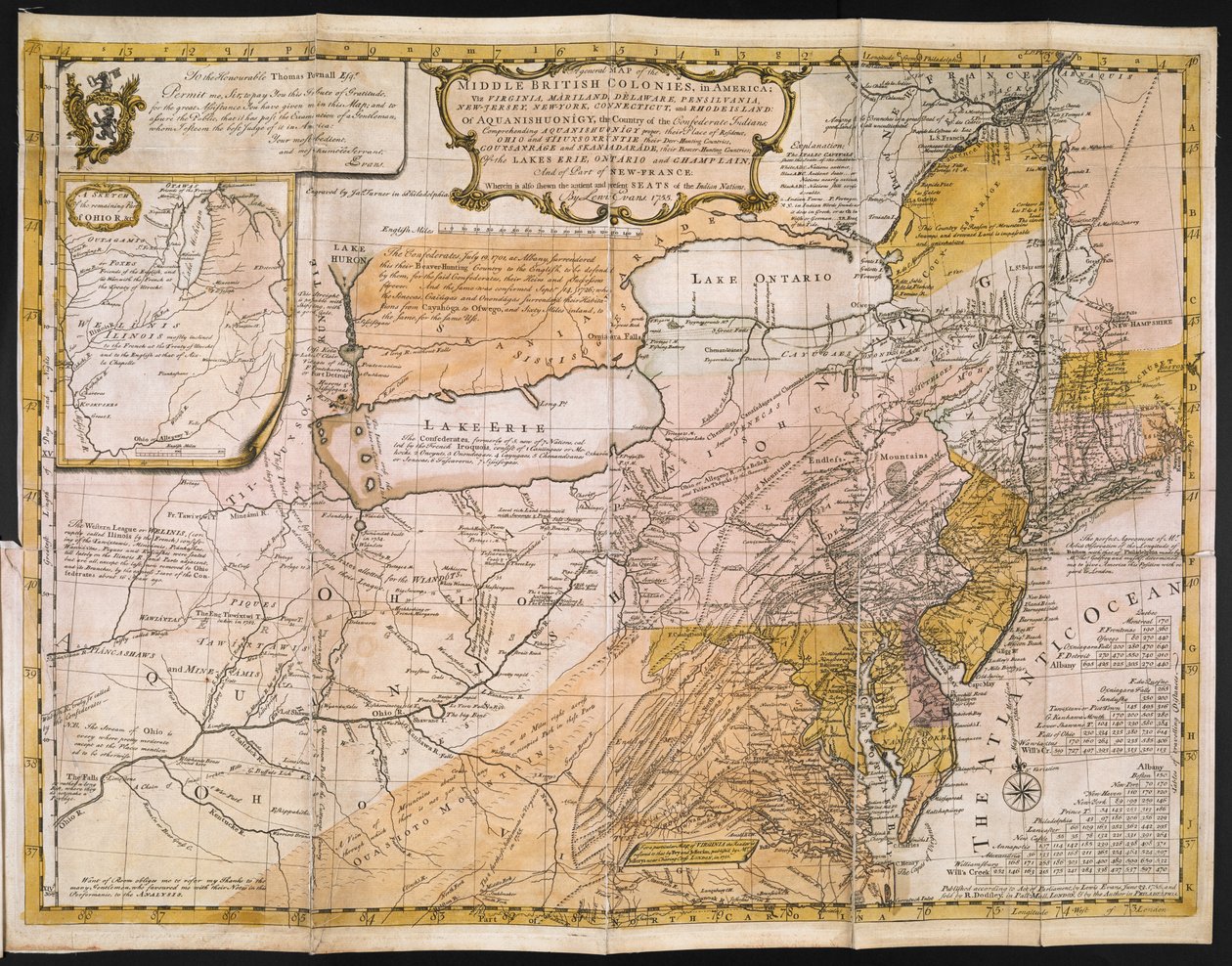 Eine allgemeine Karte der mittleren britischen Kolonien in Amerika; nämlich Virginia, Maryland, Delaware, Pennsylvania, New-Jersey, New-York, Connecticut und Rhode Island: von Aquanishuonîgy, dem Land der konföderierten Indianer ... Von den Seen Erie, Ont von English School