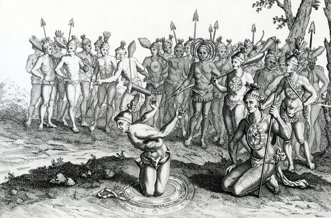 Ein König von Florida konsultiert seinen Magier vor dem Kampf, Illustration aus Moores Reisen und Reisen, 1778 von English School