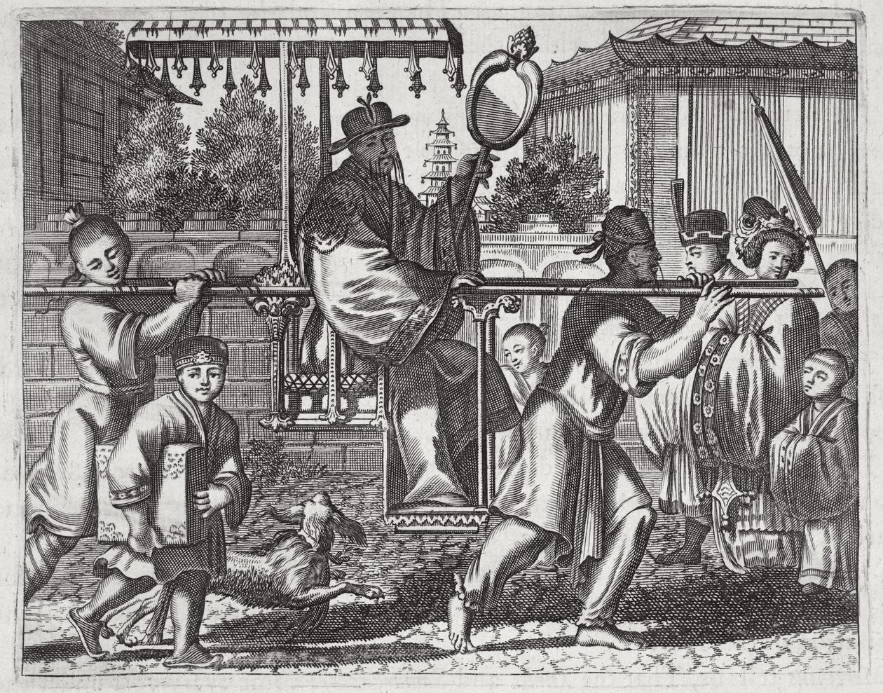 Ein Mandarin in einer Sänfte, Illustration aus einer Beschreibung der Gesandtschaften nach China, 1690 von English School