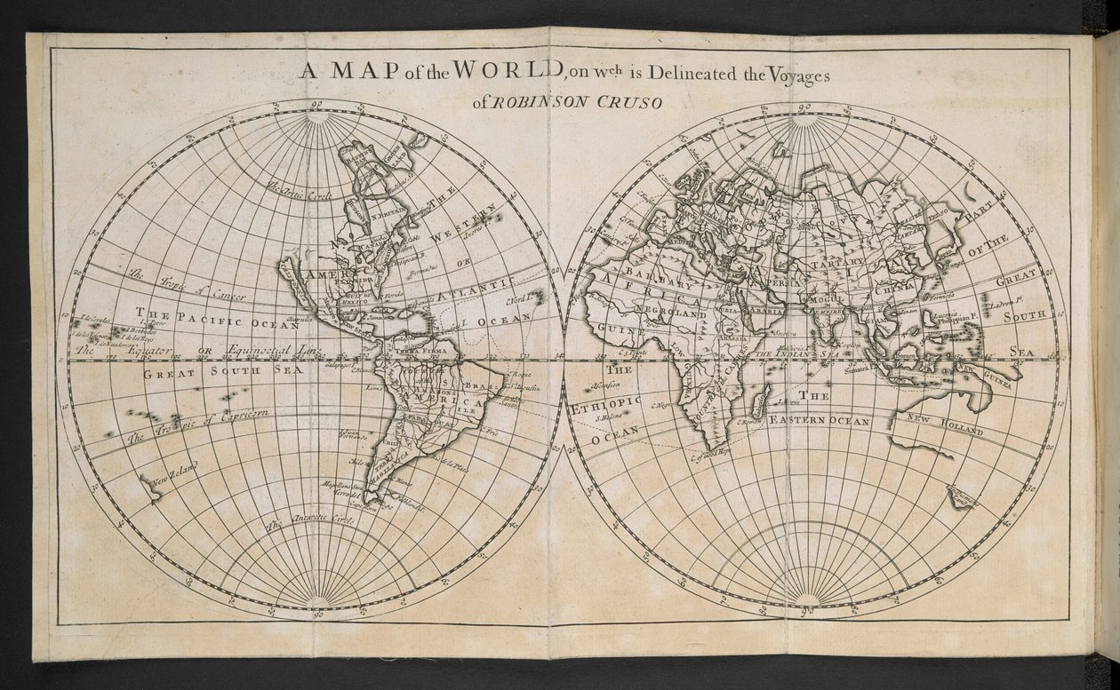 Eine Weltkarte, auf der die Reisen von Robinson Crusoe dargestellt sind von English School