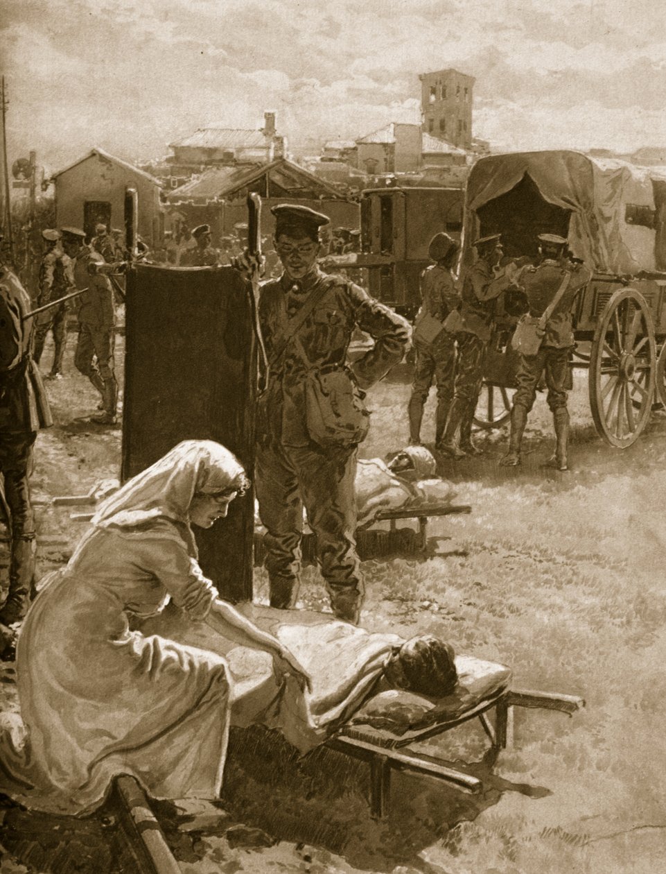 Eine Sanitätsstation behandelt verwundete Soldaten, 1914-19 von English School