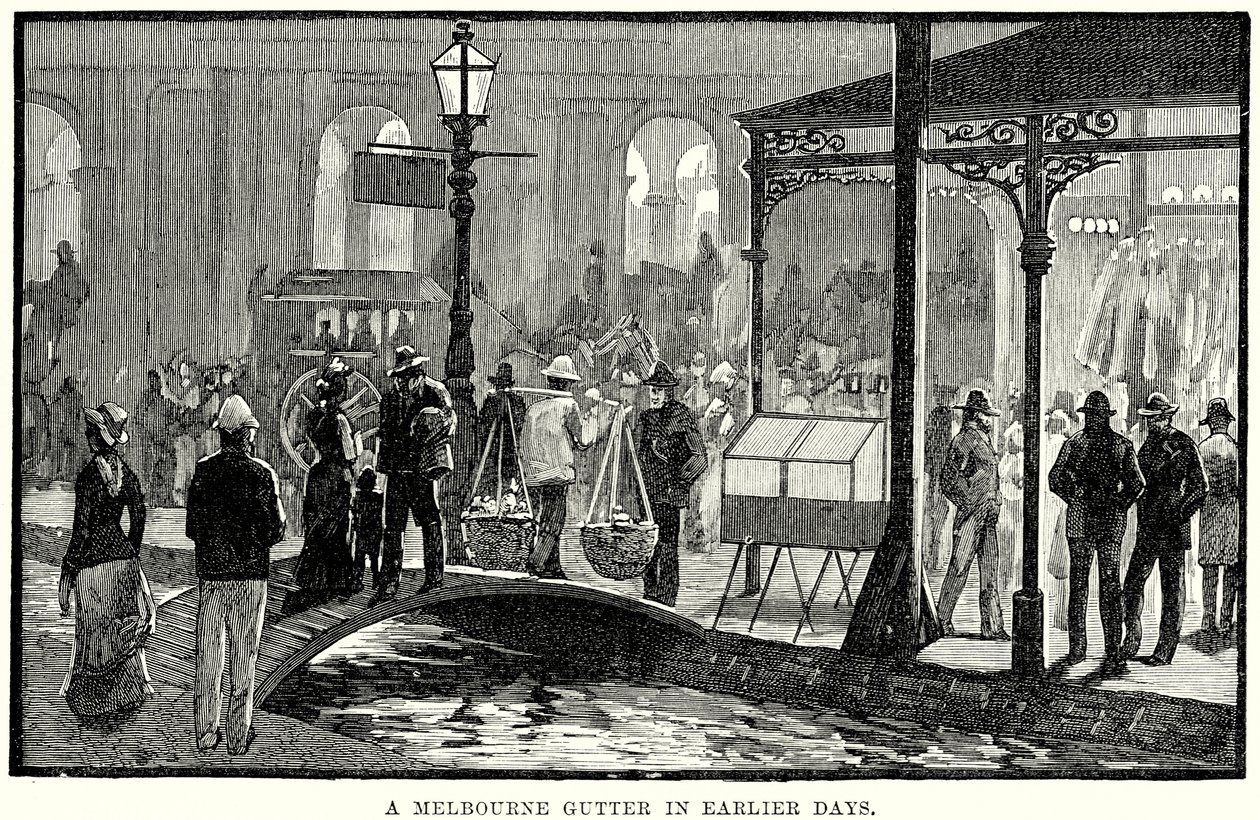 Ein Rinnstein in Melbourne in früheren Tagen (Gravur) von English School