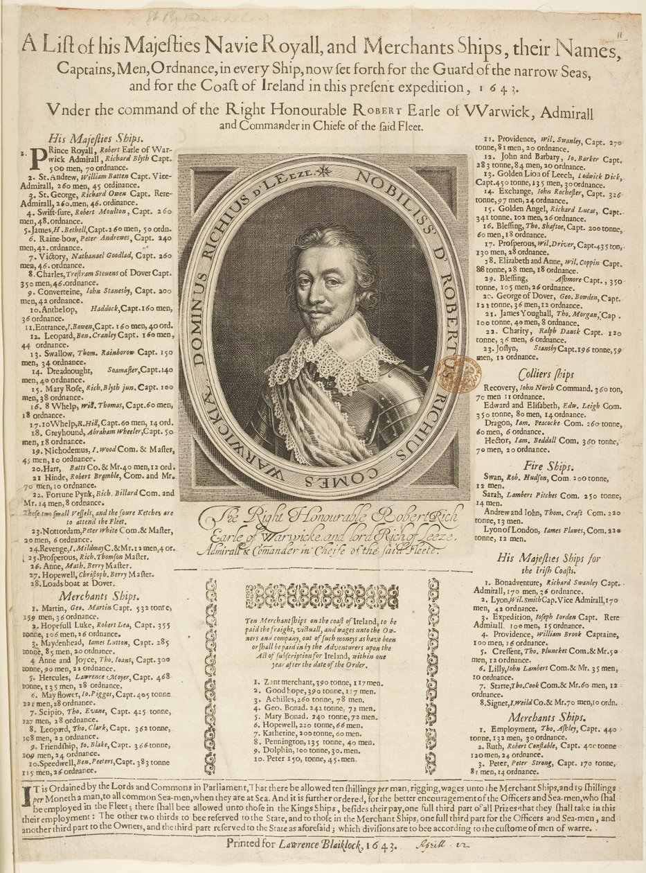 Eine Marine-Schiffliste mit Porträt des Earl of Warwick von English School