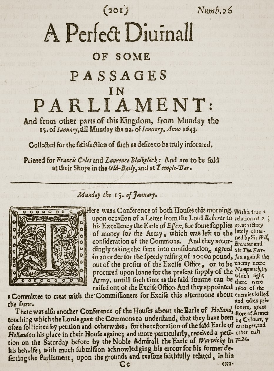 A Perfect Diurnall, Faksimile der Titelseite der Ausgabe 26, 1643, Illustration aus Cassells Illustrierter Geschichte Englands von English School