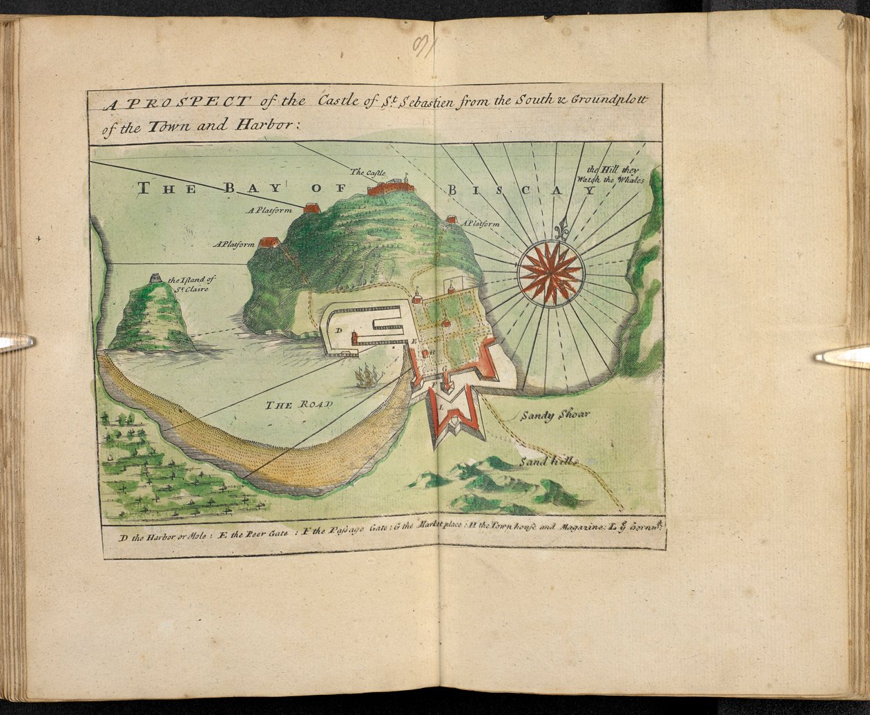 Eine Aussicht auf das Schloss von St. Sebastien von Süden und Grundriss der Stadt und des Hafens von English School