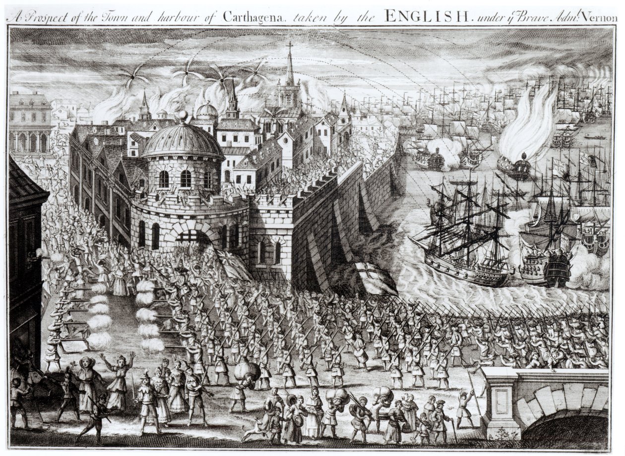 Eine Aussicht auf die Stadt und den Hafen von Cartagena, erobert von den Engländern unter dem tapferen Admiral Vernon, 1741 von English School
