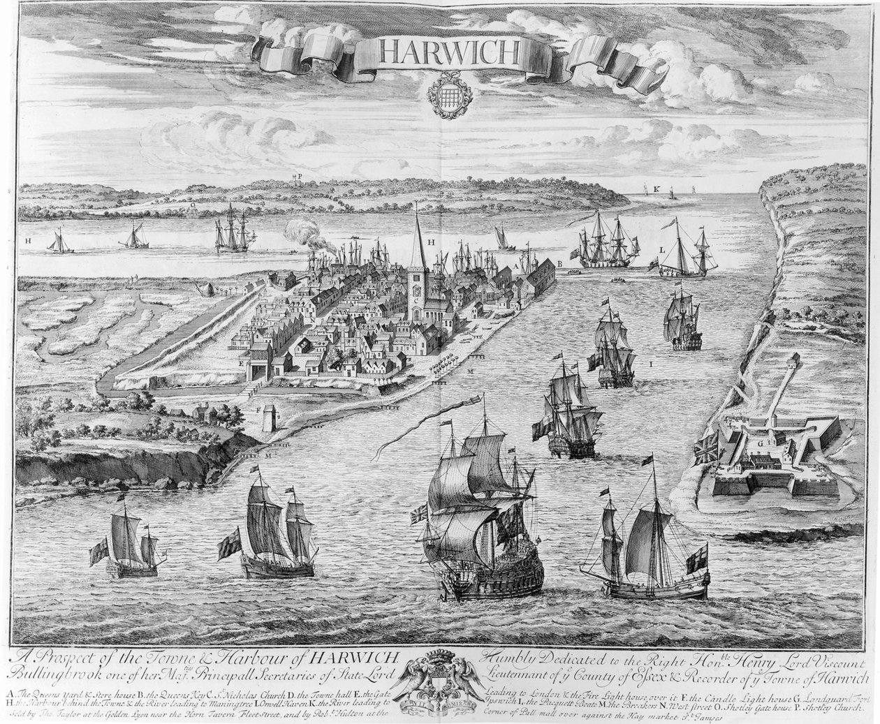 Eine Aussicht auf die Stadt und den Hafen von Harwich von English School