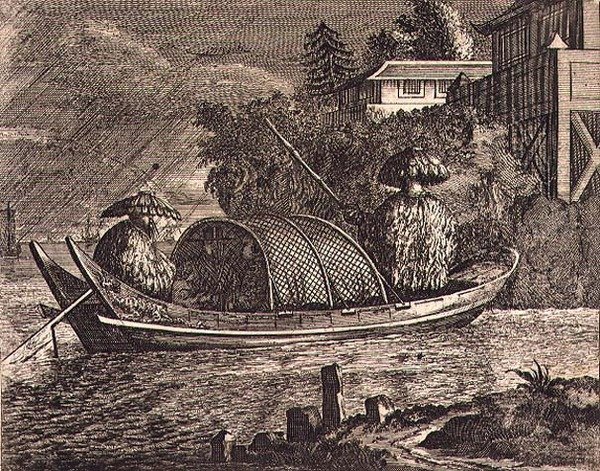 Ein kleines chinesisches Flussboot im Regen, Illustration aus einer Beschreibung der Botschaften nach China von English School