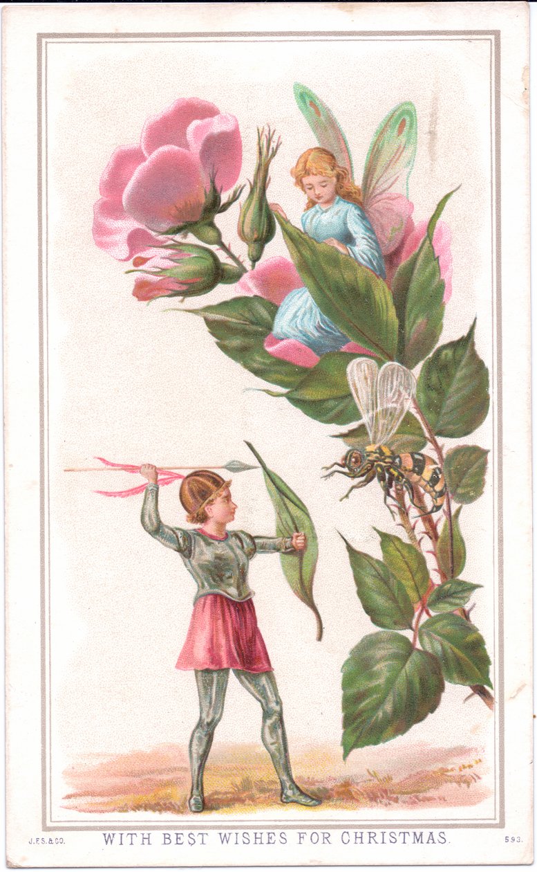 Eine viktorianische Weihnachtskarte mit einer Fee, die auf einer Rose sitzt, und einer anderen Fee, die einen Speer auf eine Wespe wirft, ca. 1880 von English School