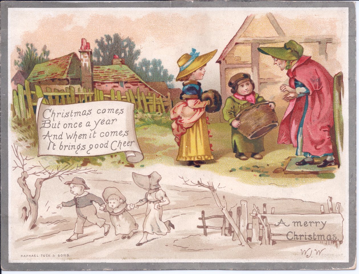 Viktorianische Weihnachtskarte mit einer älteren Frau und zwei Kindern auf einem Bauernhof, ca. 1880 von English School