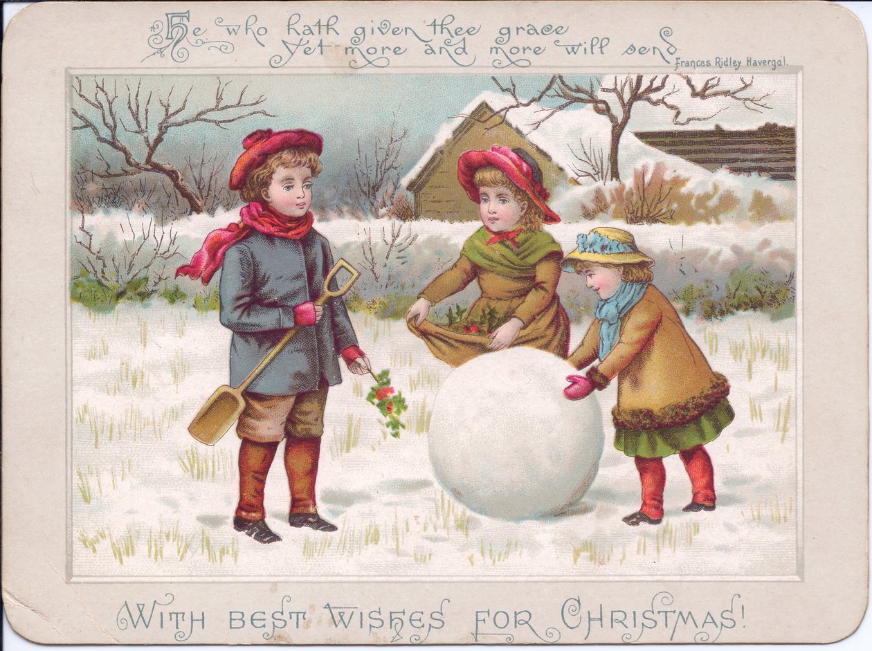 Viktorianische Weihnachtskarte von drei Kindern, die mit einem großen Schneeball spielen, ca. 1880 von English School