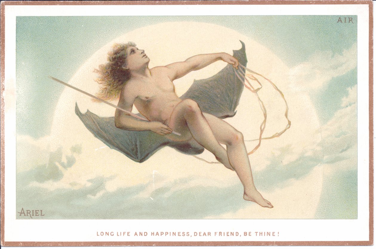 Eine viktorianische Karte eines nackten Mannes, der eine Rute hält und auf einem Paar riesiger Fledermausflügel durch die Wolken fliegt, ca. 1880 von English School
