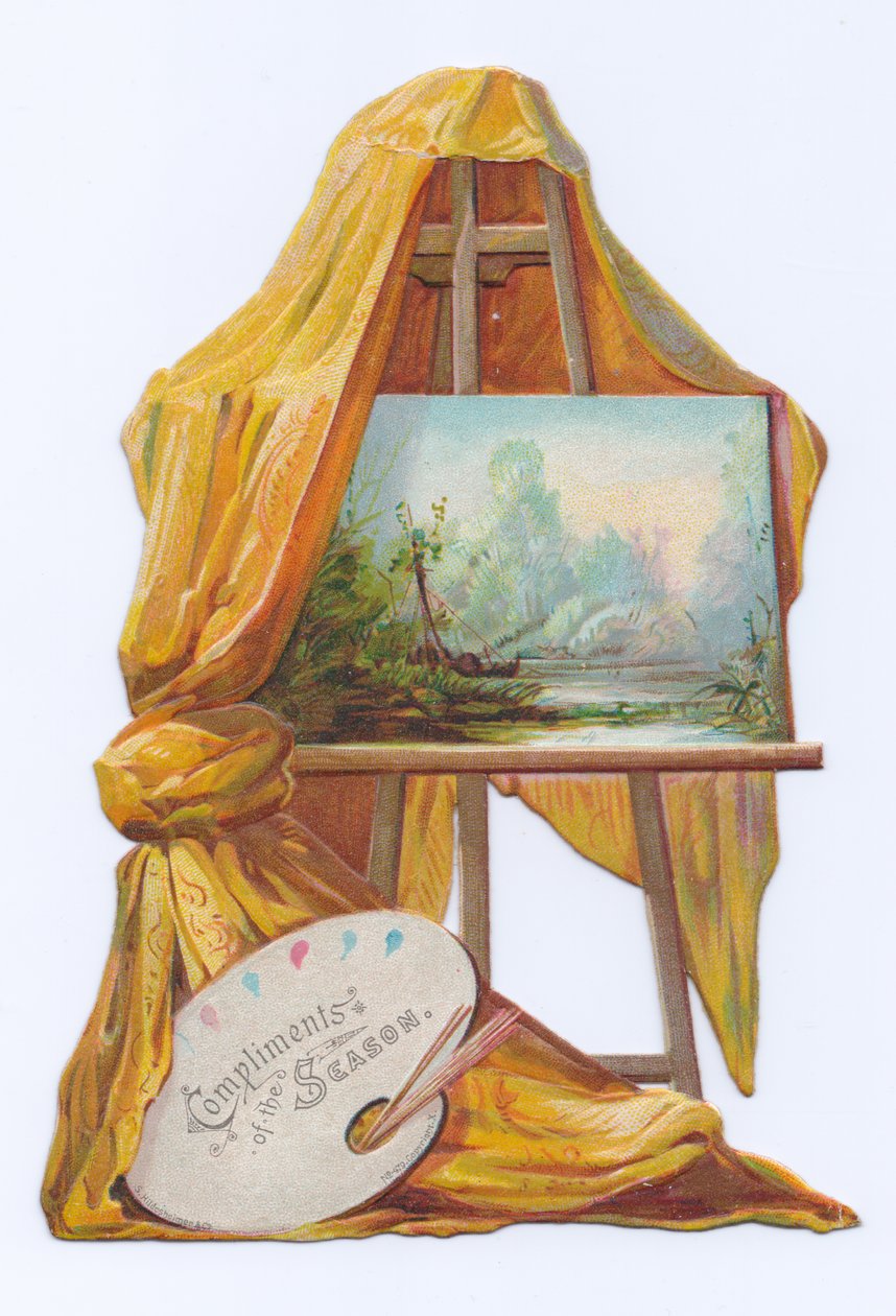 Eine viktorianische Stanzkarte eines Gemäldes auf einer Staffelei mit einem Tuch darauf, um 1880 von English School
