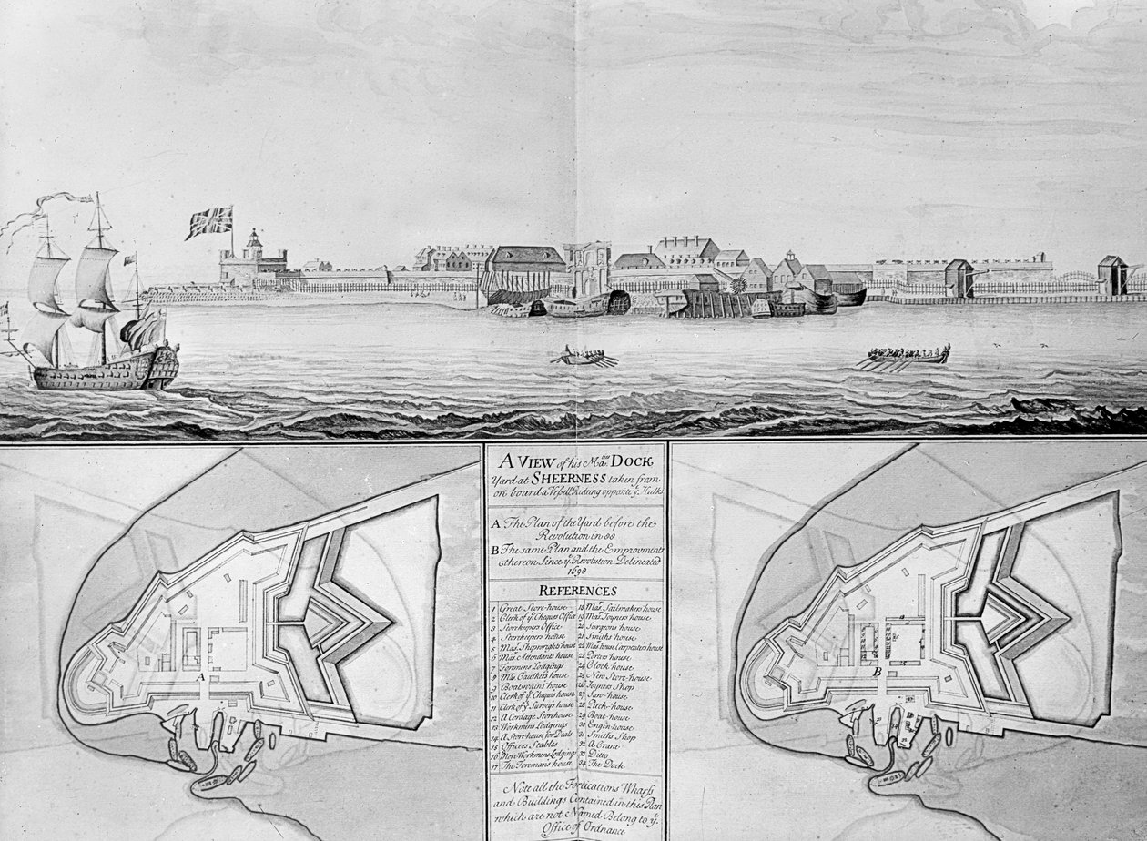 Ansicht der königlichen Werft in Sheerness, 1698 von English School