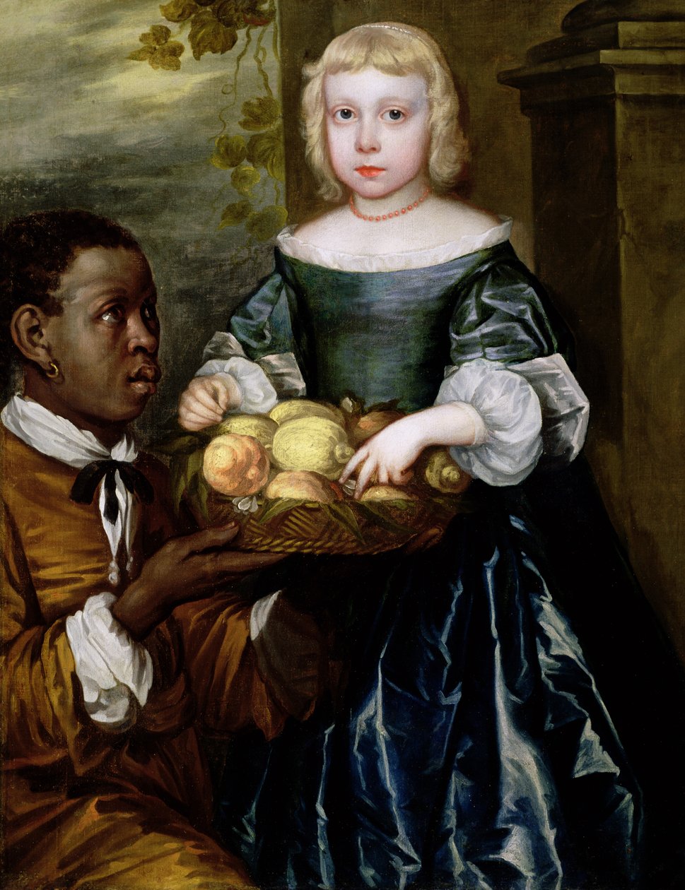 Ein junges Mädchen, dem ein Diener einen Korb mit Früchten anbietet, ca. 1650 von English School