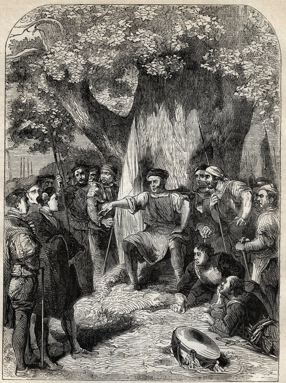Eine Gruppe von Andersdenkenden in Norfolk während der Rebellion von Robert Kett im Jahr 1549 - Revolte in Norfolk, England während der Herrschaft von Edward VI - Ket der Gerber (1492-1549) hält eine Rede unter der Eiche der Reformation - Gravur aus „Gesch von English School