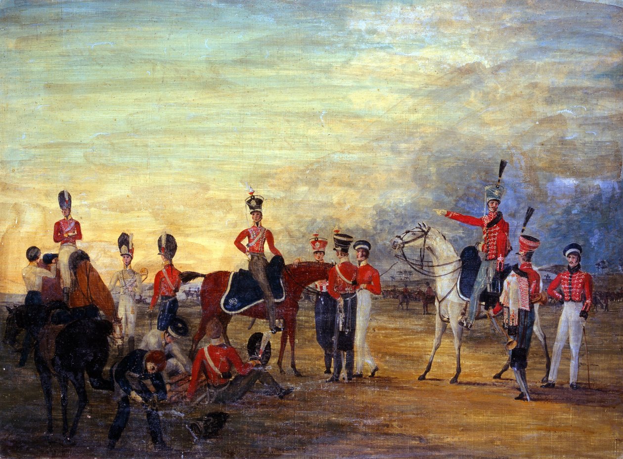Eine Gruppe von berittenen und abgestiegenen Offizieren und Männern der Yorkshire Yeomanry in verschiedenen Uniformen, ca. 1820 von English School