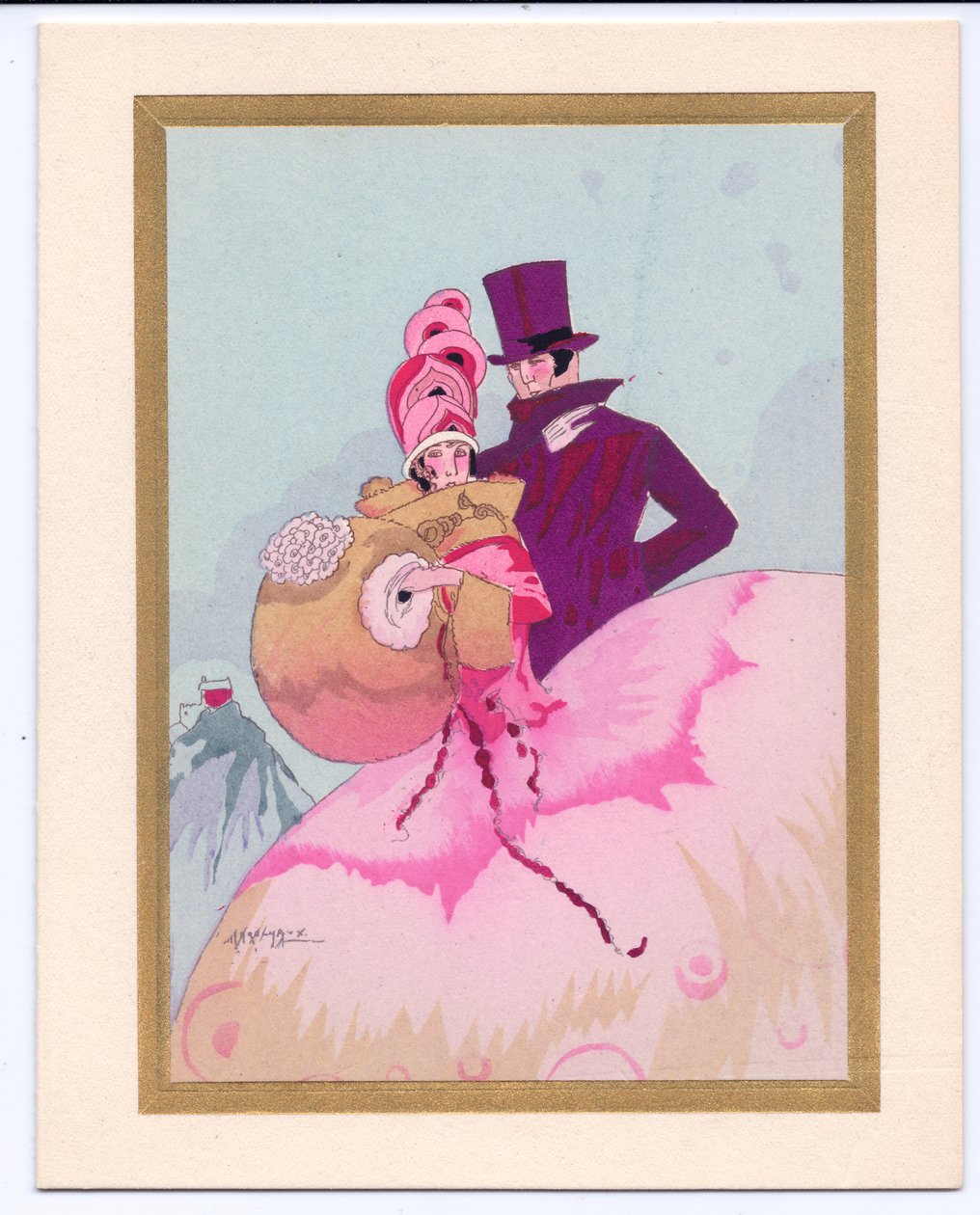 Handkolorierte französische Pochoir-Weihnachtskarte einer Regency-Dame mit Muff, begleitet von einem Herrn im Zylinder, um 1920 von English School