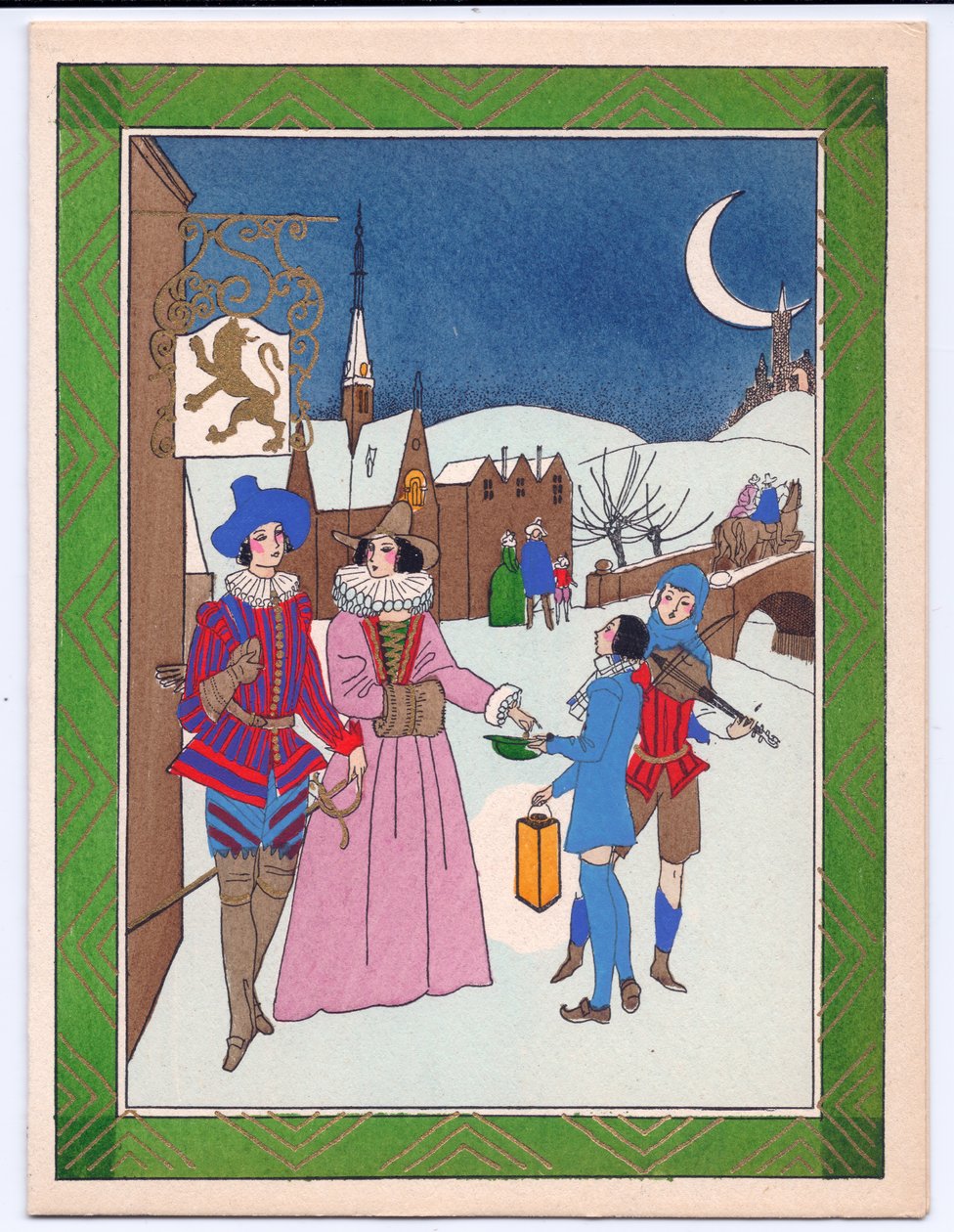 Eine handkolorierte französische Pochoir-Weihnachtskarte einer Tudor-Szene mit Straßenmusikanten, die für ihre Darbietung belohnt werden, ca. 1920 von English School