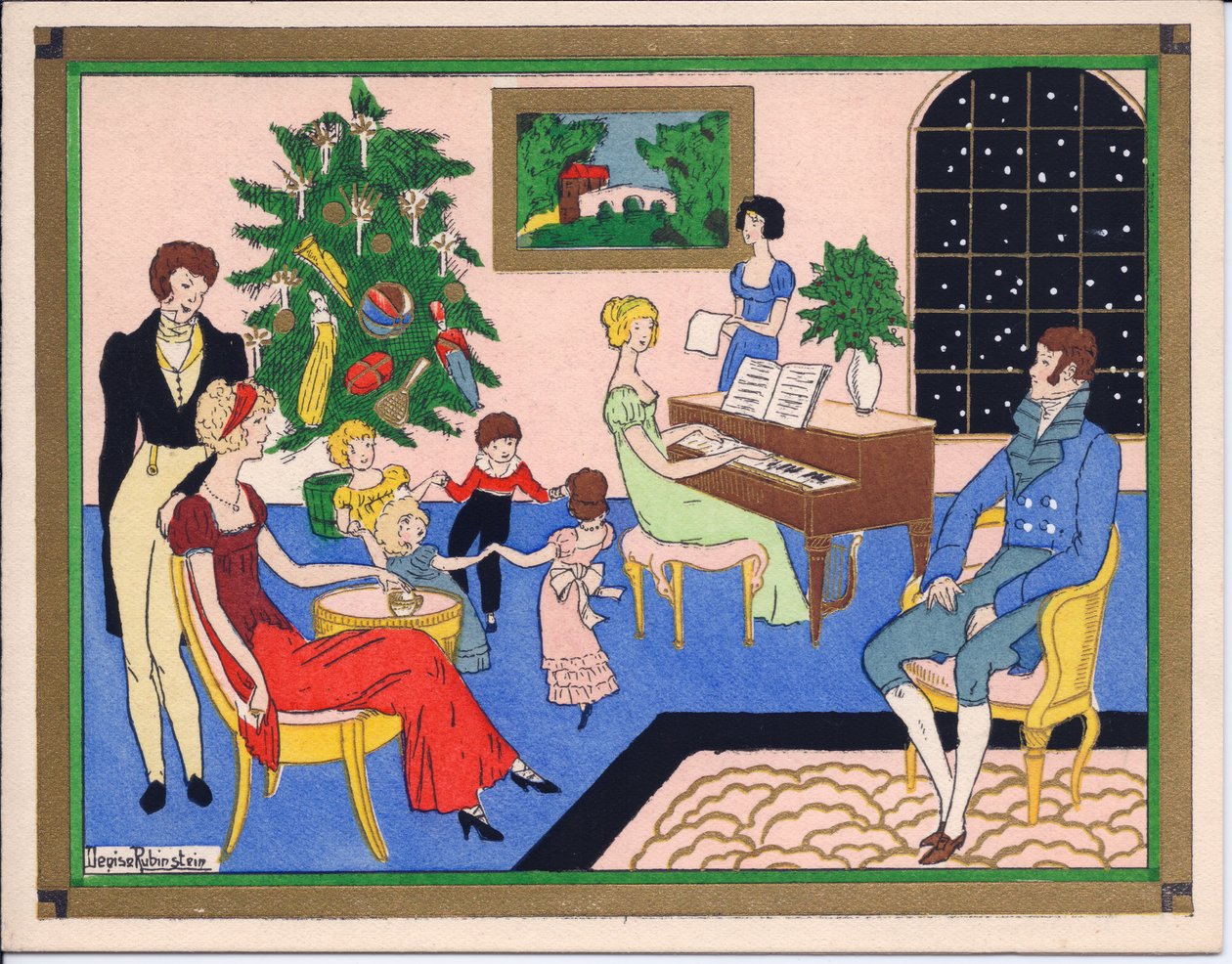 Eine handkolorierte französische Pochoir-Weihnachtskarte mit einer Weihnachtsfeier einer Regency-Familie, mit Tanz und musikalischer Unterhaltung, ca. 1920 von English School