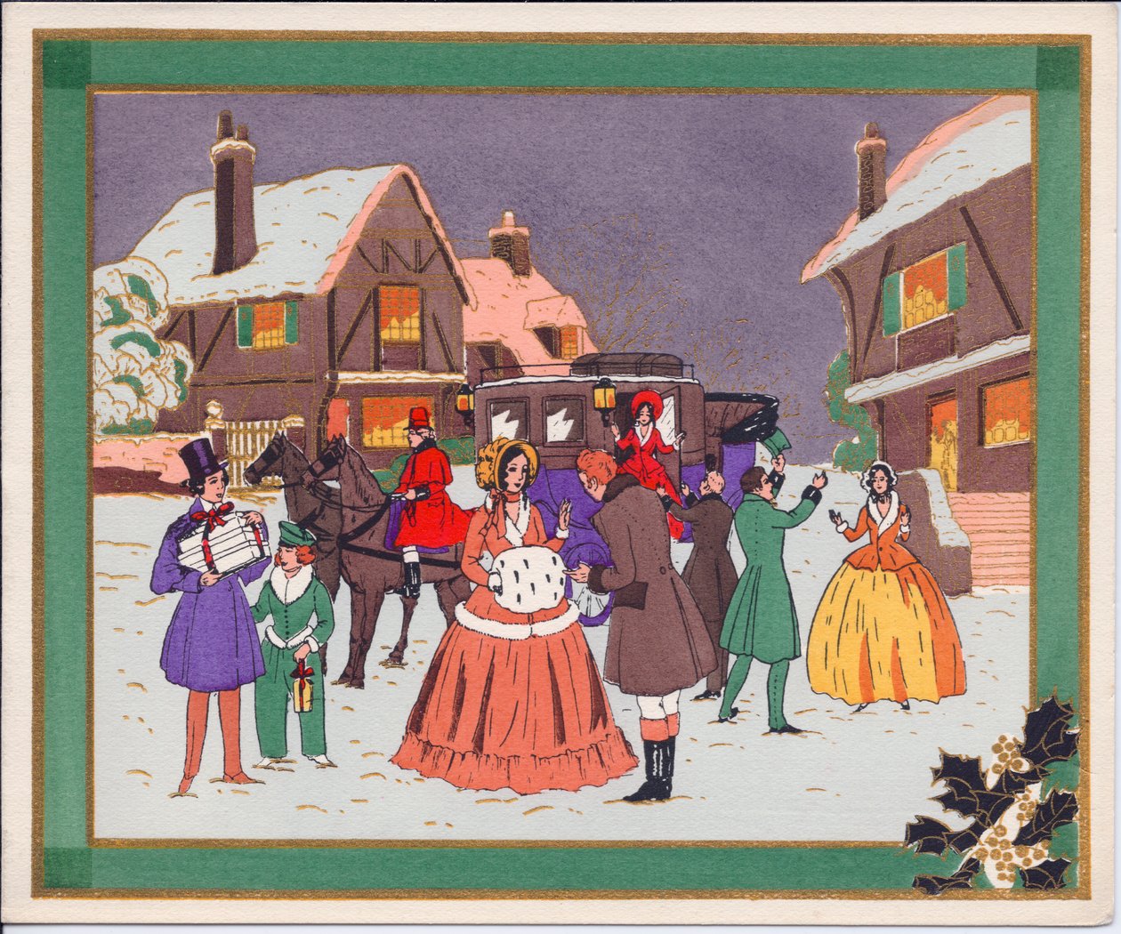 Handkolorierte französische Pochoir-Weihnachtskarte einer Dorfszene mit Kutsche und Pferden, um 1920 von English School