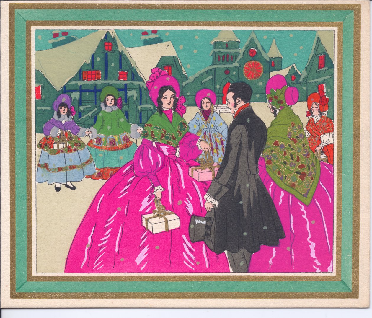 Eine handkolorierte französische Pochoir-Weihnachtskarte von Damen in Reifrockkleidern und einem Herrn im Gehrock und Zylinder, um 1920 von English School