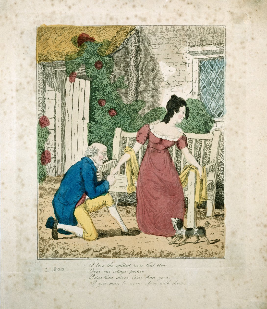 Handkolorierte lithografierte Szene eines Heiratsantrags, ca. 1800 von English School
