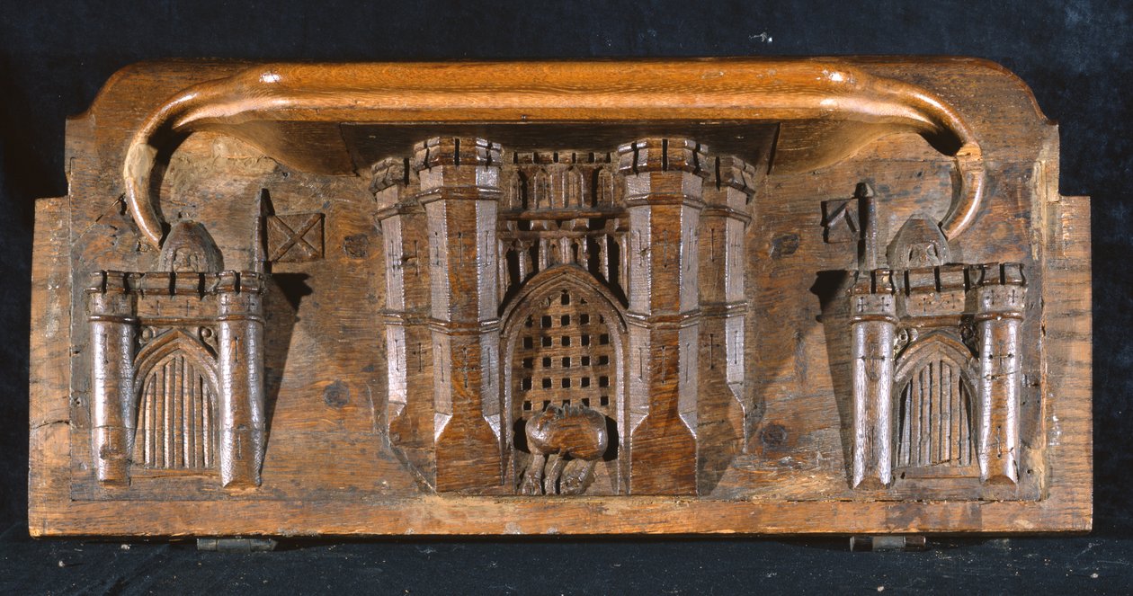 Eine Miserikordie, die das Pferd von Sir Yvain zeigt, das gefangen ist, als das Fallgatter eines aufwendigen Burgtors gesenkt wird, New College Chapel, Oxford, spätes 14. Jahrhundert von English School