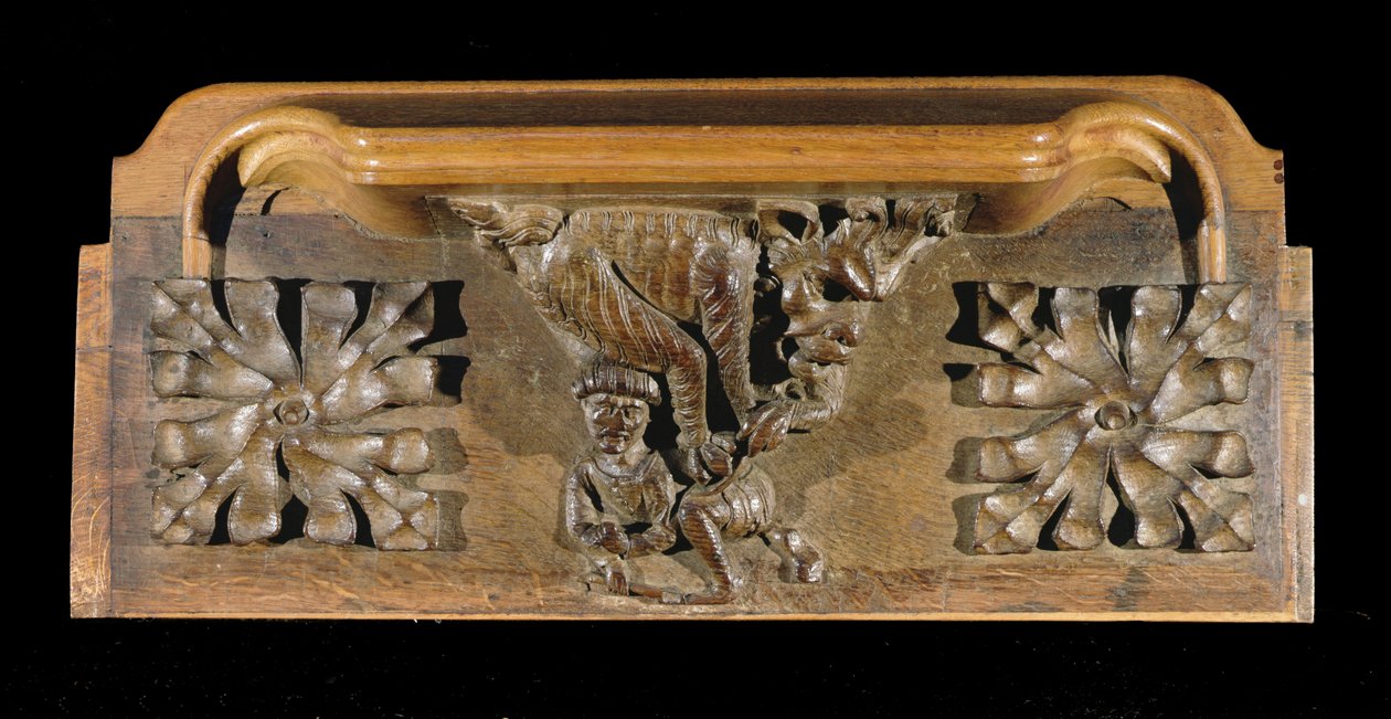 Eine Miserikordie, die eine kleine Figur mit Kappe zeigt, die von einem Monster angegriffen wird, New College Chapel, Oxford, spätes 14. Jahrhundert von English School
