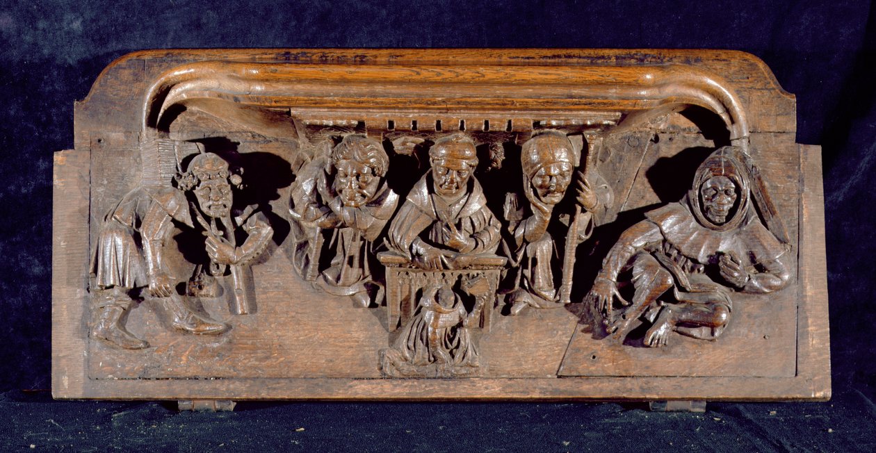 Eine Miserikordie, die einen Akademiker zeigt, der an einem Pult einem knienden Büßer eine Ermahnung erteilt, New College Chapel, Oxford, spätes 14. Jahrhundert von English School