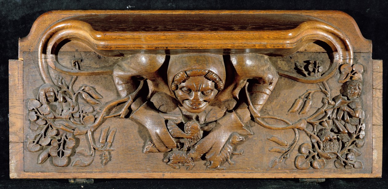 Eine Miserikordie, die einen Oger mit enormen Schultern darstellt, New College Chapel, Oxford, spätes 14. Jahrhundert von English School