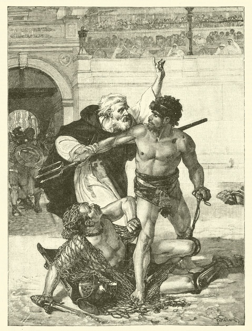 Ein Mönch, Telemachus, versucht die Gladiatorenspiele im Kolosseum, Rom zu stoppen von English School