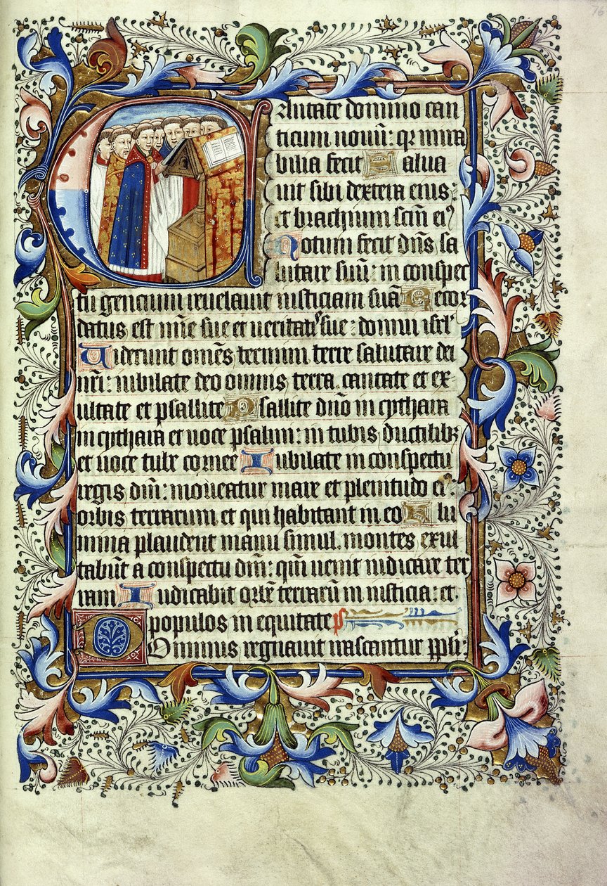 Eine Seite aus einem Psalter auf Latein mit einer Initiale, die eine Gruppe von Mönchen vor einem Lesepult zeigt, ca. 1455 von English School