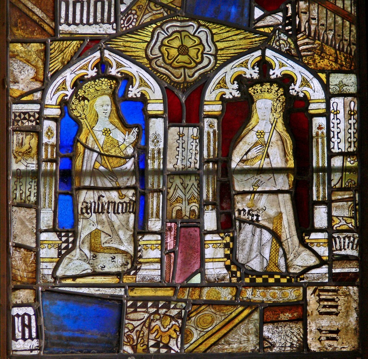 Die Kardinaltugenden: Barmherzigkeit (Misericordia) und Frieden (Pax) und eine weiße Rose von English School